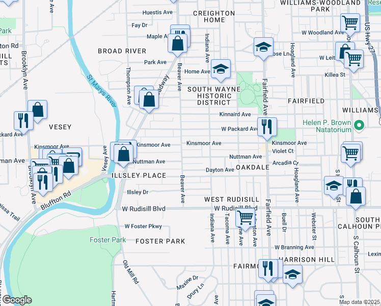 map of restaurants, bars, coffee shops, grocery stores, and more near 924 Nuttman Avenue in Fort Wayne