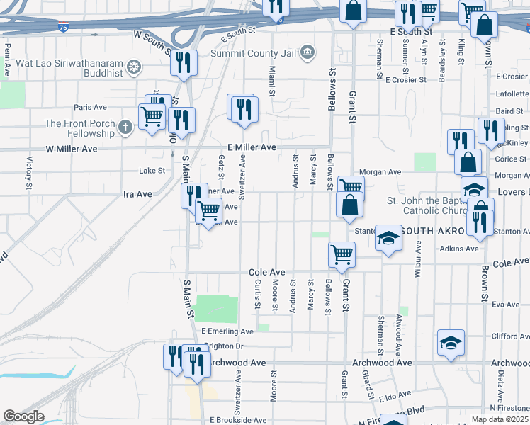 map of restaurants, bars, coffee shops, grocery stores, and more near 1223 Curtis Street in Akron