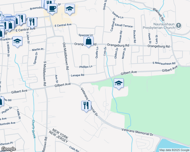 map of restaurants, bars, coffee shops, grocery stores, and more near 96 Lenape Road in Pearl River
