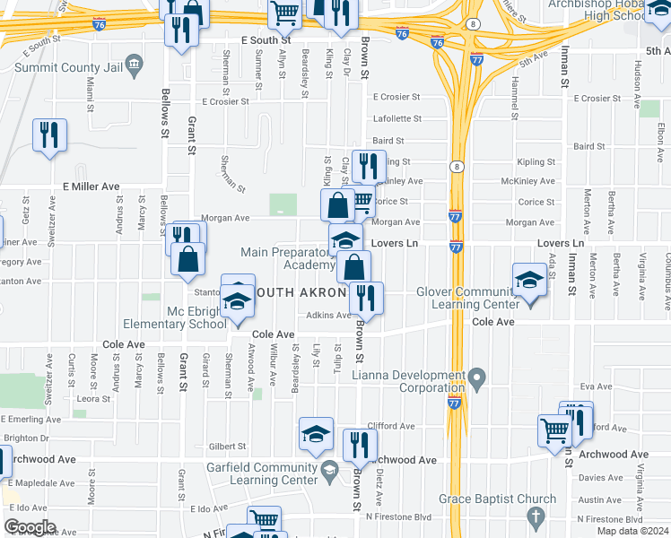 map of restaurants, bars, coffee shops, grocery stores, and more near 1016 Clay Street in Akron