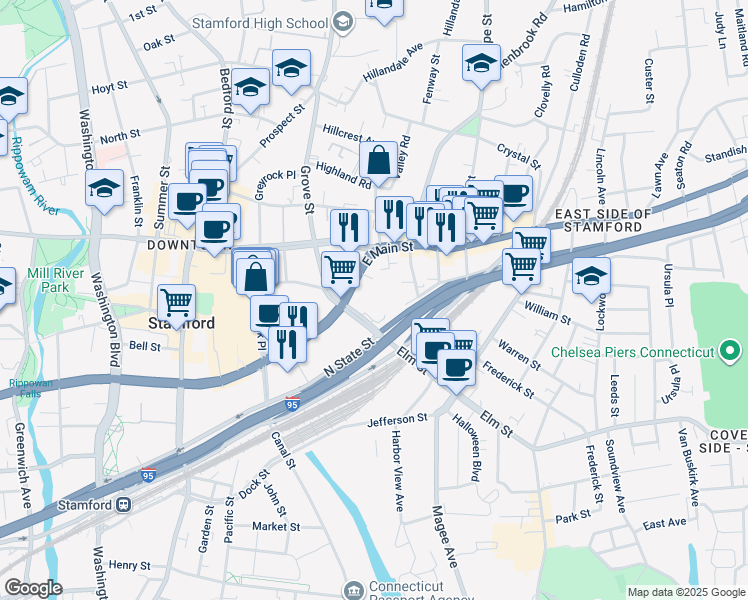 map of restaurants, bars, coffee shops, grocery stores, and more near 200 Elm Street in Stamford