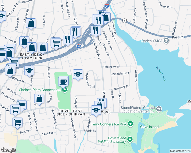 map of restaurants, bars, coffee shops, grocery stores, and more near 161 Sylvan Knoll Road in Stamford