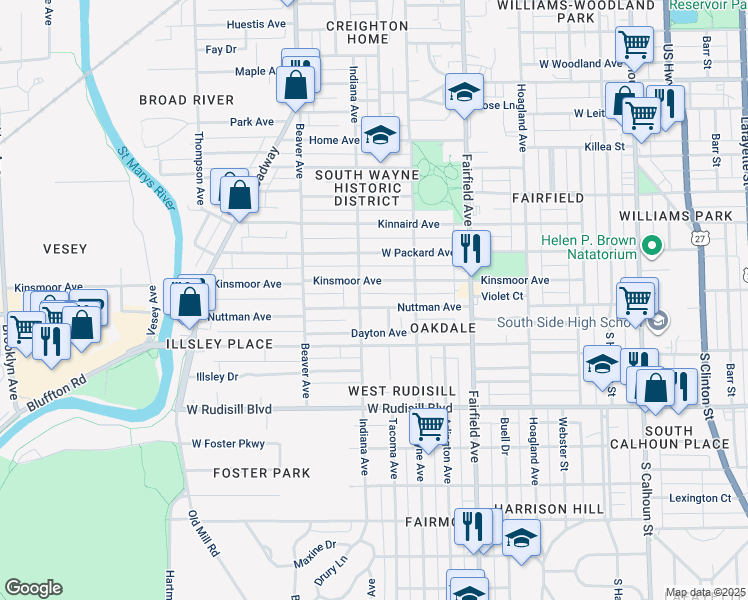 map of restaurants, bars, coffee shops, grocery stores, and more near 816 Nuttman Ave in Fort Wayne