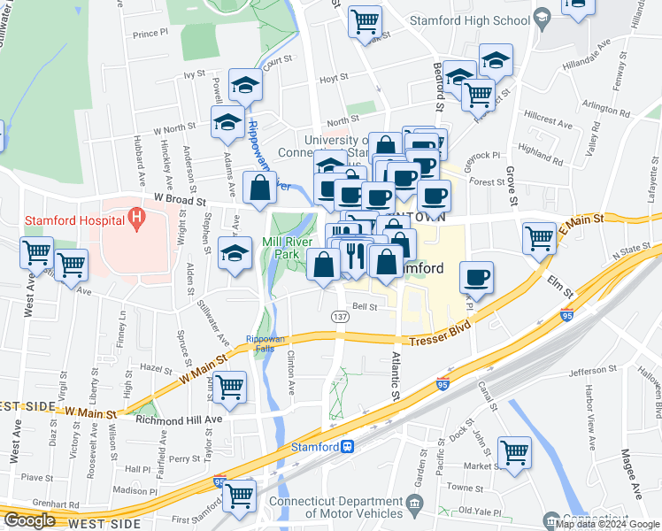 map of restaurants, bars, coffee shops, grocery stores, and more near 1010 Washington Boulevard in Stamford