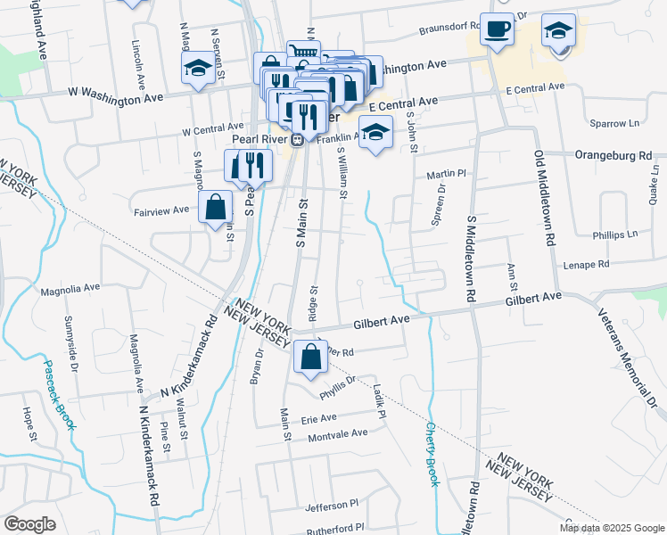 map of restaurants, bars, coffee shops, grocery stores, and more near 153 South William Street in Pearl River