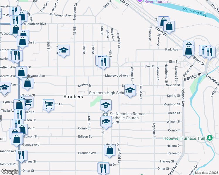 map of restaurants, bars, coffee shops, grocery stores, and more near 294 Sexton Street in Struthers