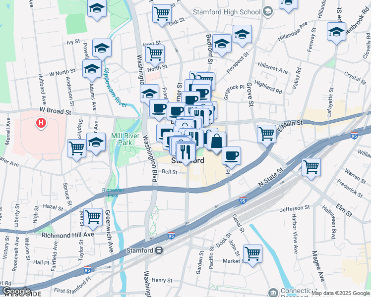 map of restaurants, bars, coffee shops, grocery stores, and more near in Stamford