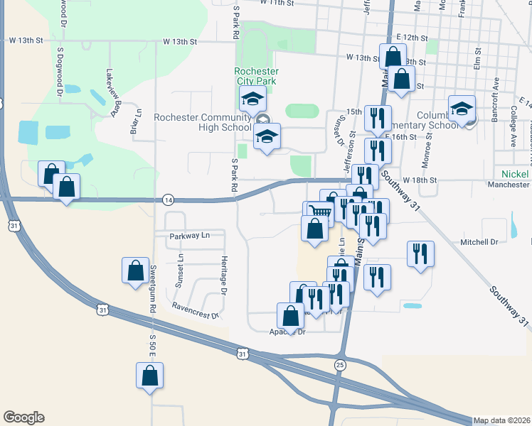 map of restaurants, bars, coffee shops, grocery stores, and more near 699 South Schoolview Drive in Rochester