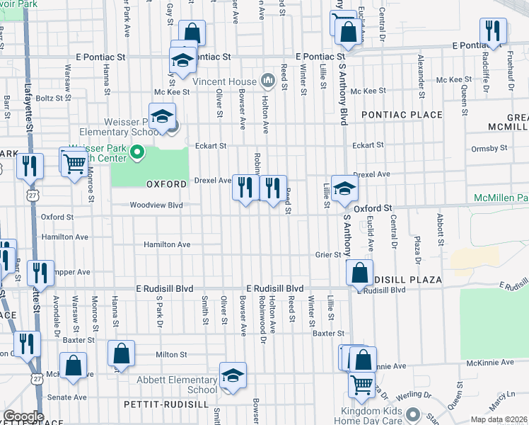 map of restaurants, bars, coffee shops, grocery stores, and more near 3427 Robinwood Drive in Fort Wayne