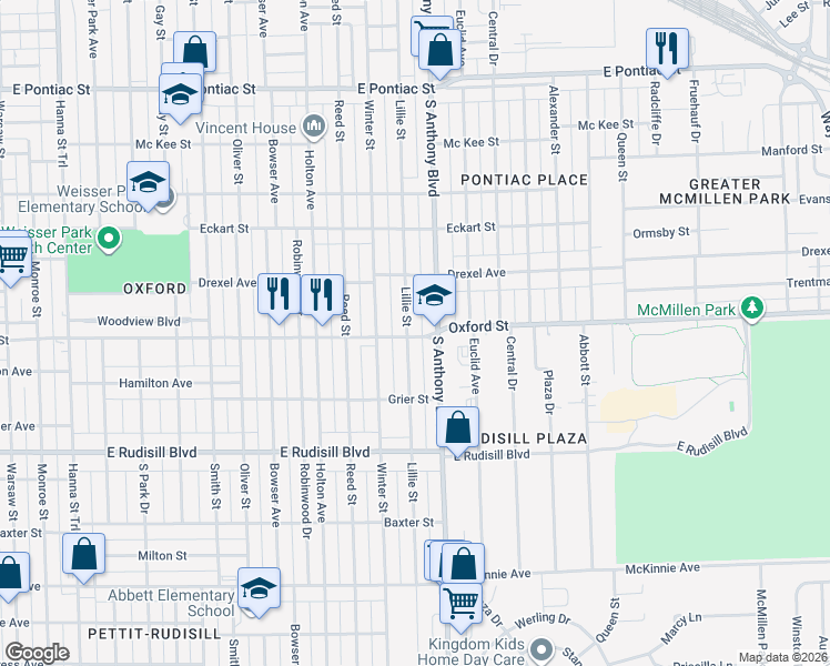 map of restaurants, bars, coffee shops, grocery stores, and more near 3429 Lillie Street in Fort Wayne