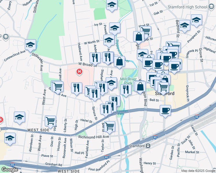 map of restaurants, bars, coffee shops, grocery stores, and more near 28 Schuyler Avenue in Stamford