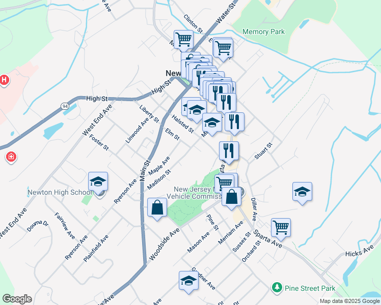 map of restaurants, bars, coffee shops, grocery stores, and more near 43 Madison Street in Newton