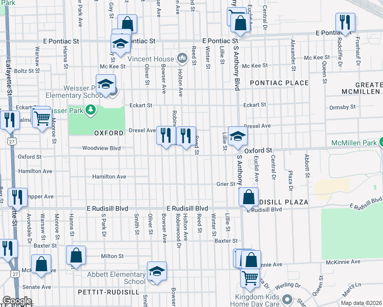 map of restaurants, bars, coffee shops, grocery stores, and more near 1445 Oxford Street in Fort Wayne