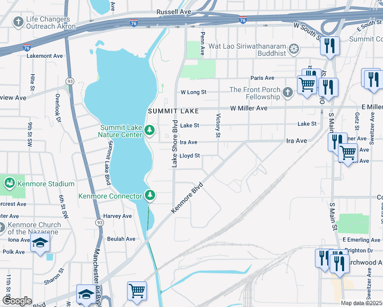 map of restaurants, bars, coffee shops, grocery stores, and more near 311 Lloyd Street in Akron
