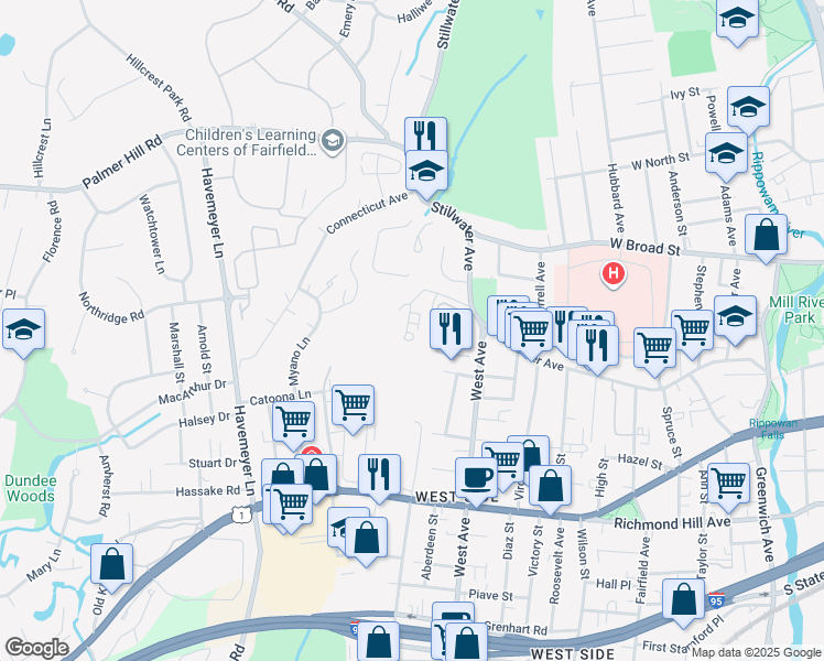 map of restaurants, bars, coffee shops, grocery stores, and more near 28 Westwood Drive in Stamford