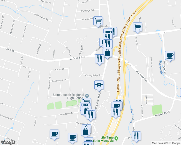 map of restaurants, bars, coffee shops, grocery stores, and more near 22 Rolling Ridge Road in Montvale
