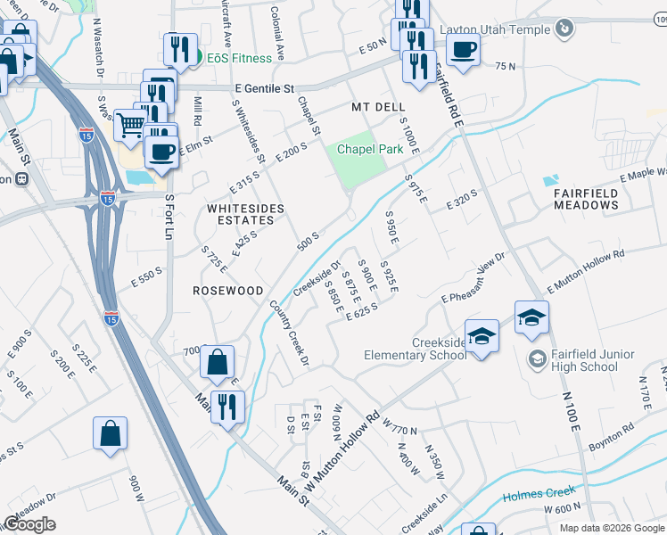 map of restaurants, bars, coffee shops, grocery stores, and more near 818 Creekside Drive in Layton