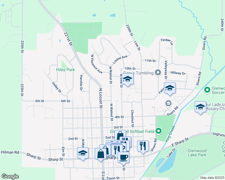 map of restaurants, bars, coffee shops, grocery stores, and more near 705 North Walnut Street in Glenwood