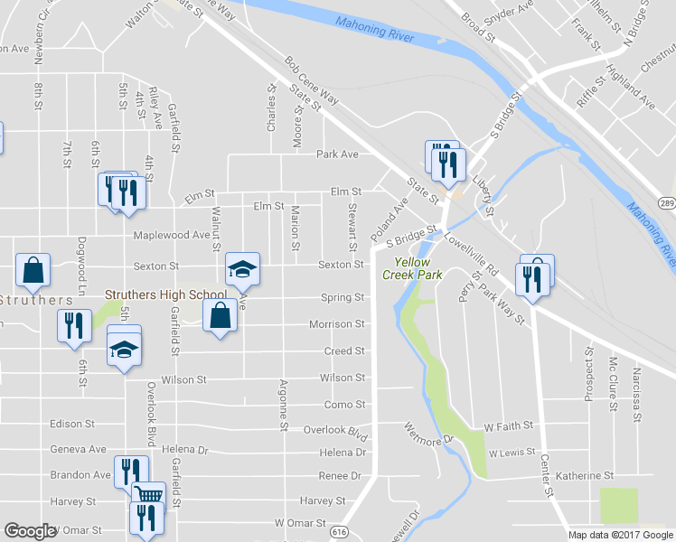 map of restaurants, bars, coffee shops, grocery stores, and more near 42 Sexton Street in Struthers
