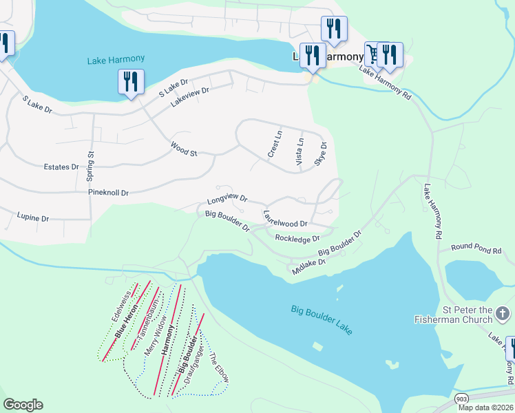 map of restaurants, bars, coffee shops, grocery stores, and more near 12 Beachwood Court in Lake Harmony