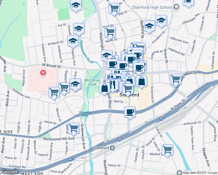 map of restaurants, bars, coffee shops, grocery stores, and more near 74 West Park Place in Stamford