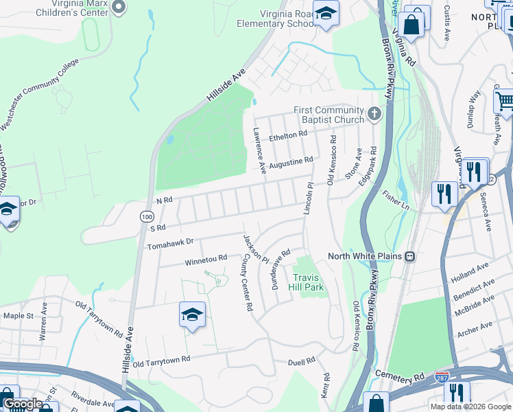 map of restaurants, bars, coffee shops, grocery stores, and more near 70 South Road in White Plains