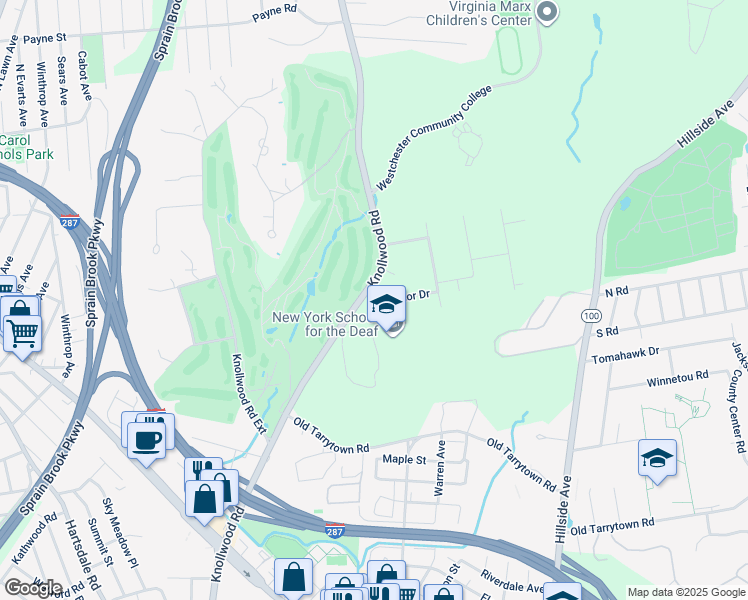 map of restaurants, bars, coffee shops, grocery stores, and more near 611 Knollwood Road in White Plains