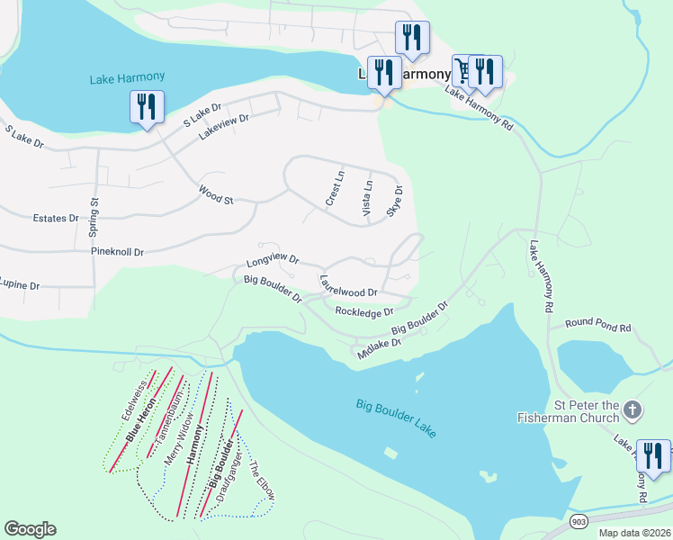 map of restaurants, bars, coffee shops, grocery stores, and more near 6 Mountainwoods Drive in Lake Harmony