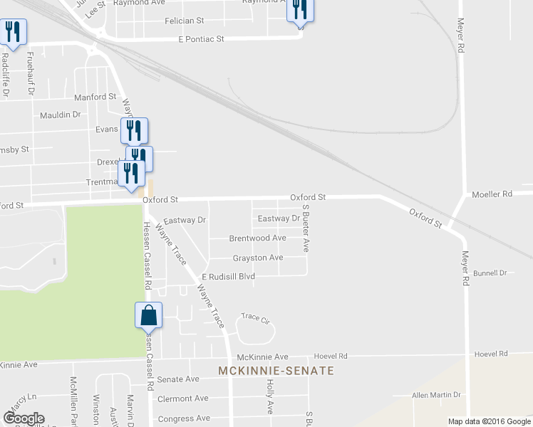 map of restaurants, bars, coffee shops, grocery stores, and more near 3815 Eastway Drive in Fort Wayne