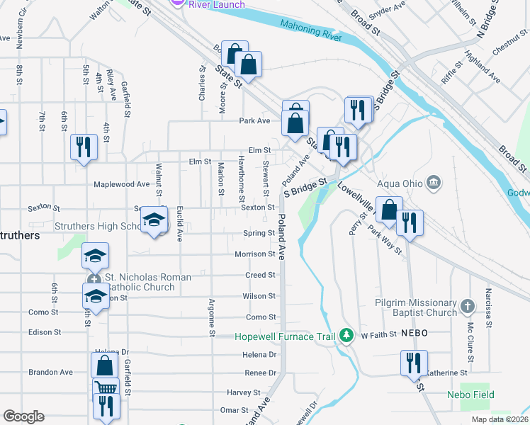 map of restaurants, bars, coffee shops, grocery stores, and more near 42 Sexton Street in Struthers