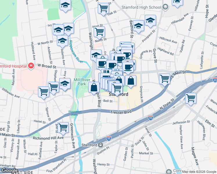 map of restaurants, bars, coffee shops, grocery stores, and more near 37 Summer Street in Stamford