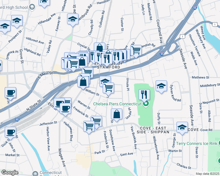 map of restaurants, bars, coffee shops, grocery stores, and more near 72 Lockwood Avenue in Stamford