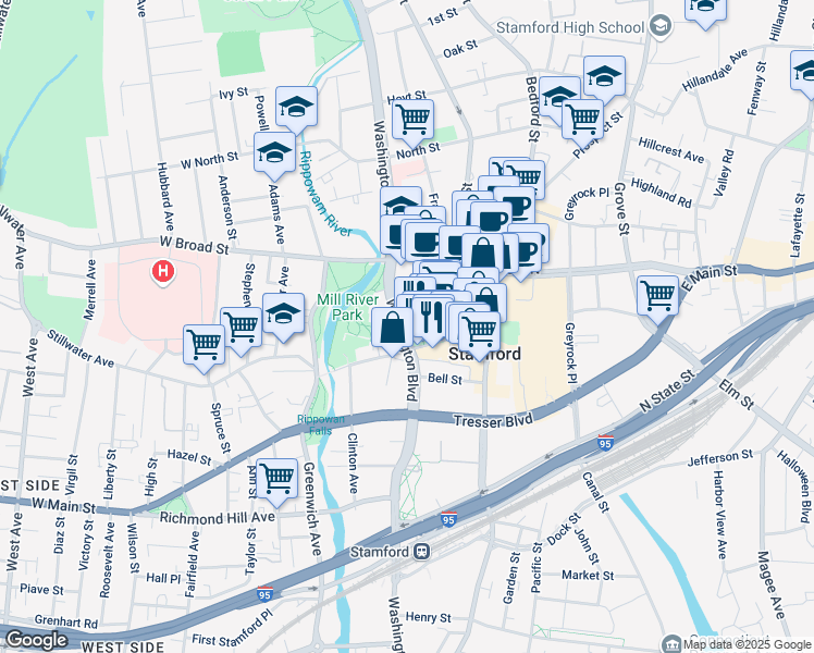 map of restaurants, bars, coffee shops, grocery stores, and more near 1011 Washington Boulevard in Stamford