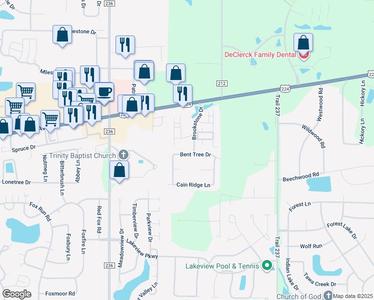 map of restaurants, bars, coffee shops, grocery stores, and more near 15330 Bent Tree Drive in Findlay
