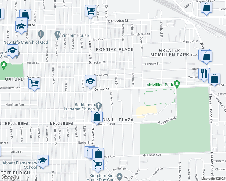 map of restaurants, bars, coffee shops, grocery stores, and more near 2014 Oxford Street in Fort Wayne