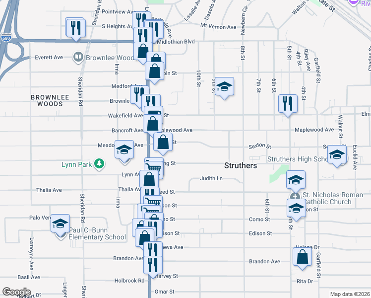 map of restaurants, bars, coffee shops, grocery stores, and more near 584 Sexton Street in Struthers
