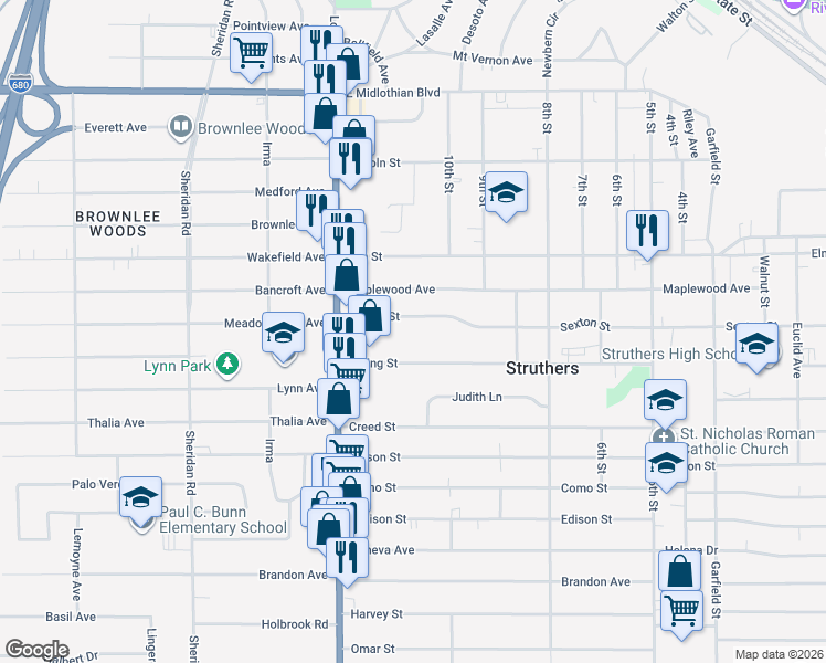 map of restaurants, bars, coffee shops, grocery stores, and more near 584 Sexton Street in Struthers