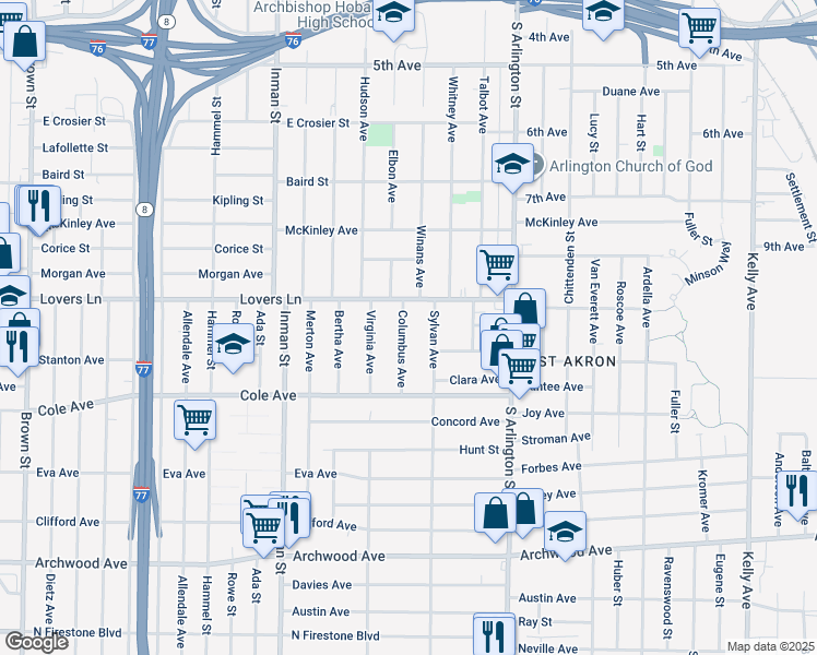 map of restaurants, bars, coffee shops, grocery stores, and more near 685 Columbus Avenue in Akron
