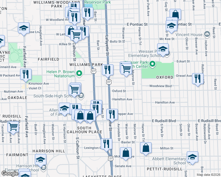map of restaurants, bars, coffee shops, grocery stores, and more near 400 Oxford Street in Fort Wayne