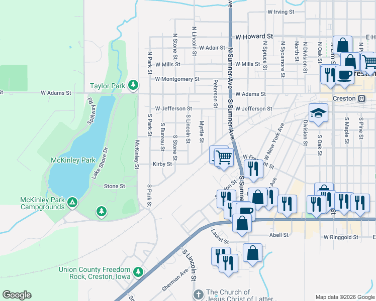 map of restaurants, bars, coffee shops, grocery stores, and more near 1300 Hewitt Street in Creston
