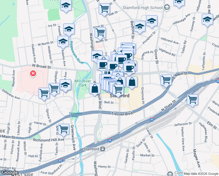 map of restaurants, bars, coffee shops, grocery stores, and more near 140 Summer Street in Stamford