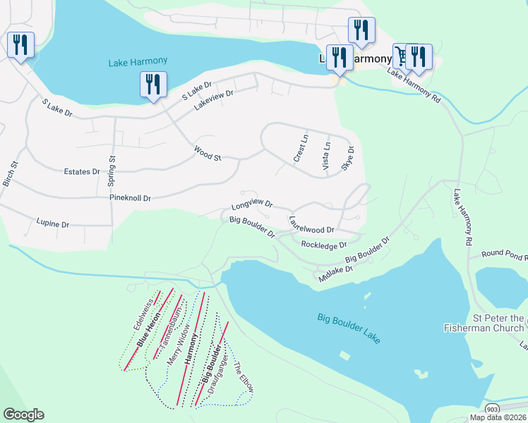 map of restaurants, bars, coffee shops, grocery stores, and more near 21 Rockspring Court in Lake Harmony