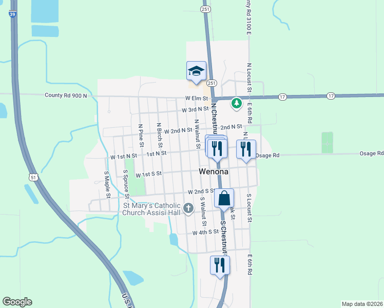 map of restaurants, bars, coffee shops, grocery stores, and more near 203 West 1st Street North in Wenona
