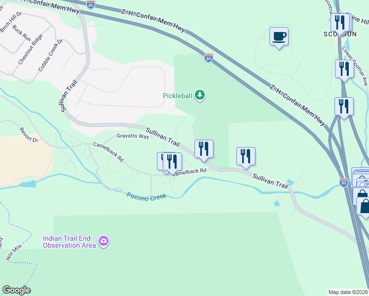 map of restaurants, bars, coffee shops, grocery stores, and more near Sullivan Trail in Tannersville