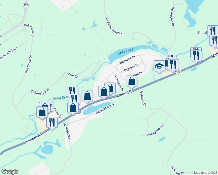 map of restaurants, bars, coffee shops, grocery stores, and more near 121 Charlotte Way in East Stroudsburg