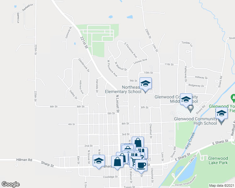 map of restaurants, bars, coffee shops, grocery stores, and more near 710 North Locust Street in Glenwood