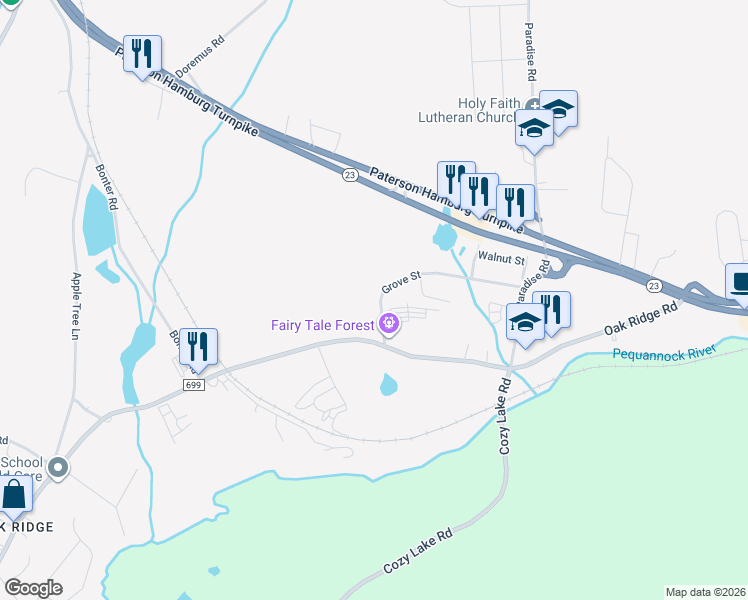 map of restaurants, bars, coffee shops, grocery stores, and more near 21 Grove Street in West Milford