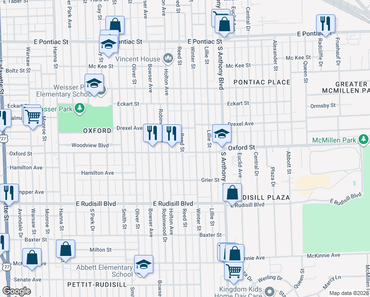 map of restaurants, bars, coffee shops, grocery stores, and more near 3417 Reed Street in Fort Wayne