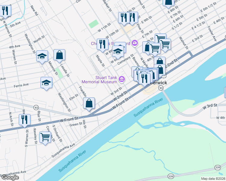 map of restaurants, bars, coffee shops, grocery stores, and more near 326 West 3rd Street in Berwick