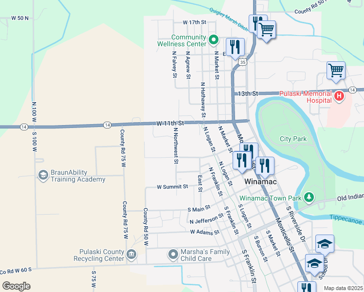 map of restaurants, bars, coffee shops, grocery stores, and more near 428 Northwest Street in Winamac